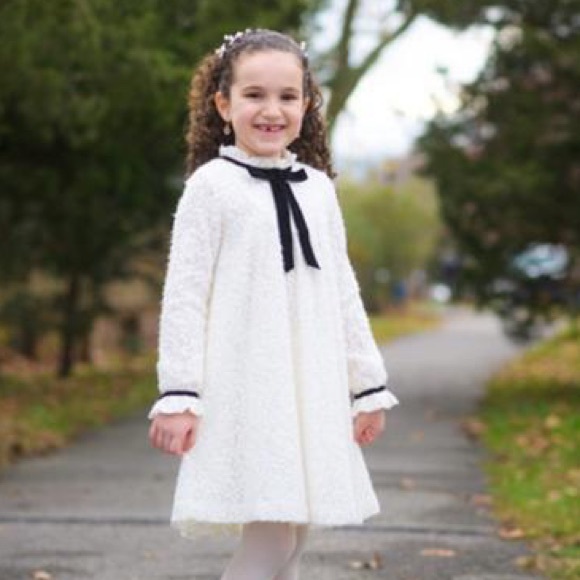 TARTINE ET CHOCOLAT WHITE CREAM LACE DRESS WITH BLACK RIBBON DETAIL - Picture 1 of 6